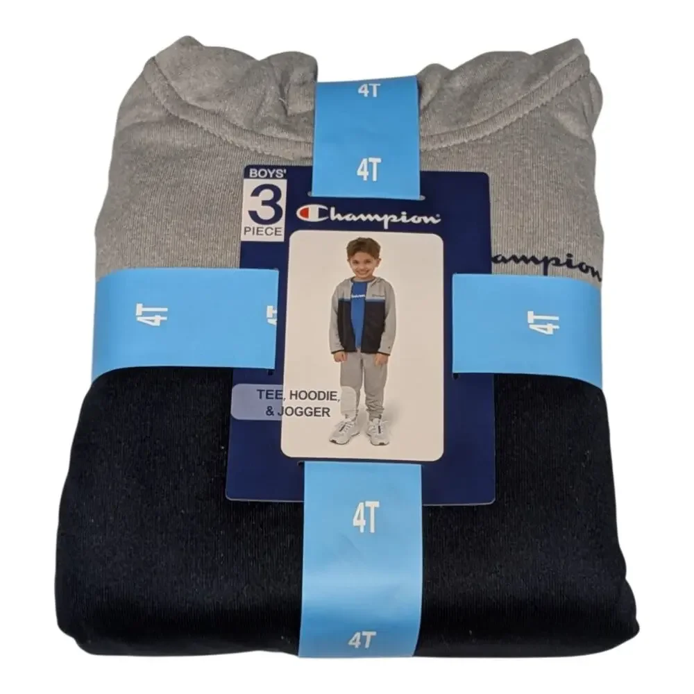 Champion Sweatsuit Boys 4T Gray Navy Blue 3 Piece Joggers Zip Up Hoodie Tshirt